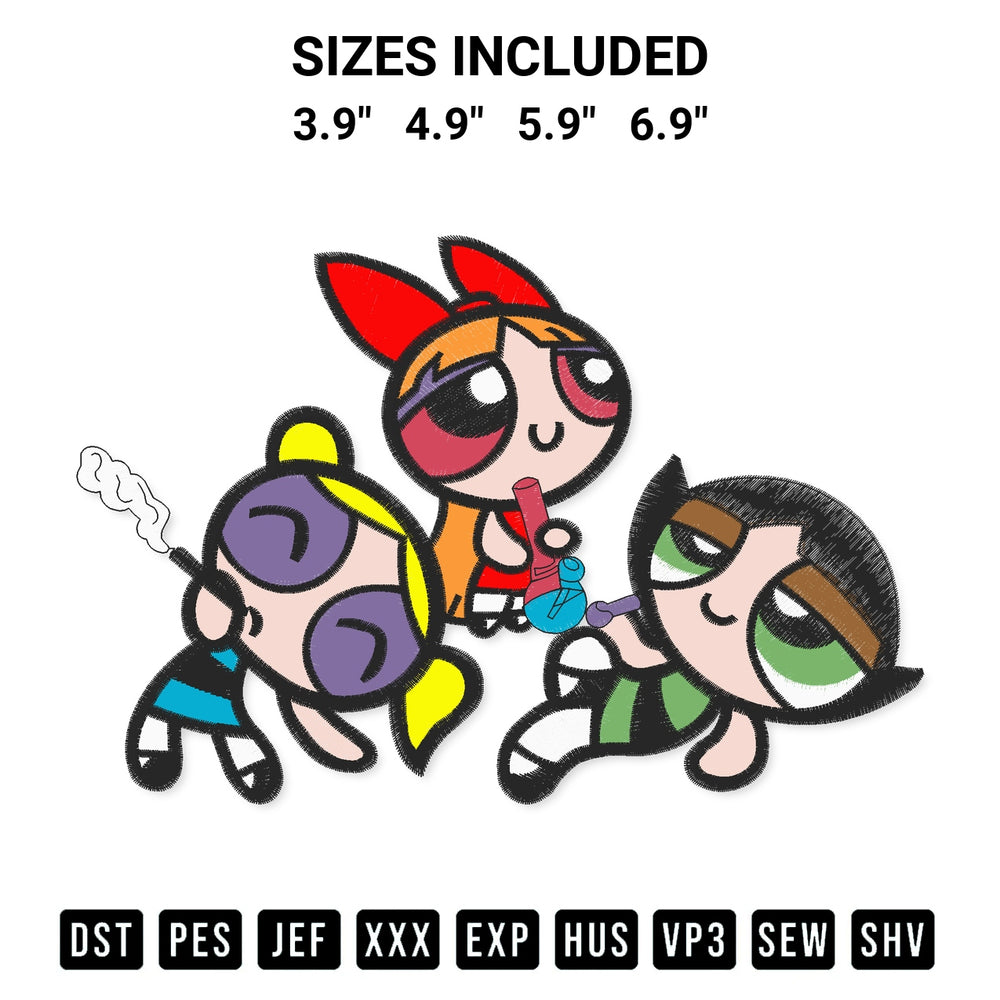 Create amazing crafts with the Powerpuff Smoking Embroidery Design embroidery file. High-quality digital download from Designspacks.com, perfect for beginners and pros. Available sizes: 3.9", 4.9", 5.9", 6.9".