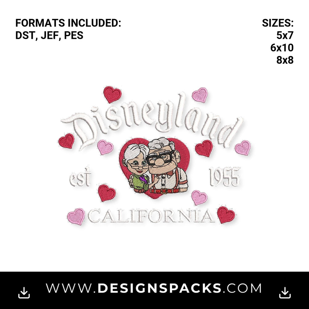 Disneyland Est 1955 Carl Ellie Hearts Embroidery Design - Instant digital download pattern at Designspacks.com