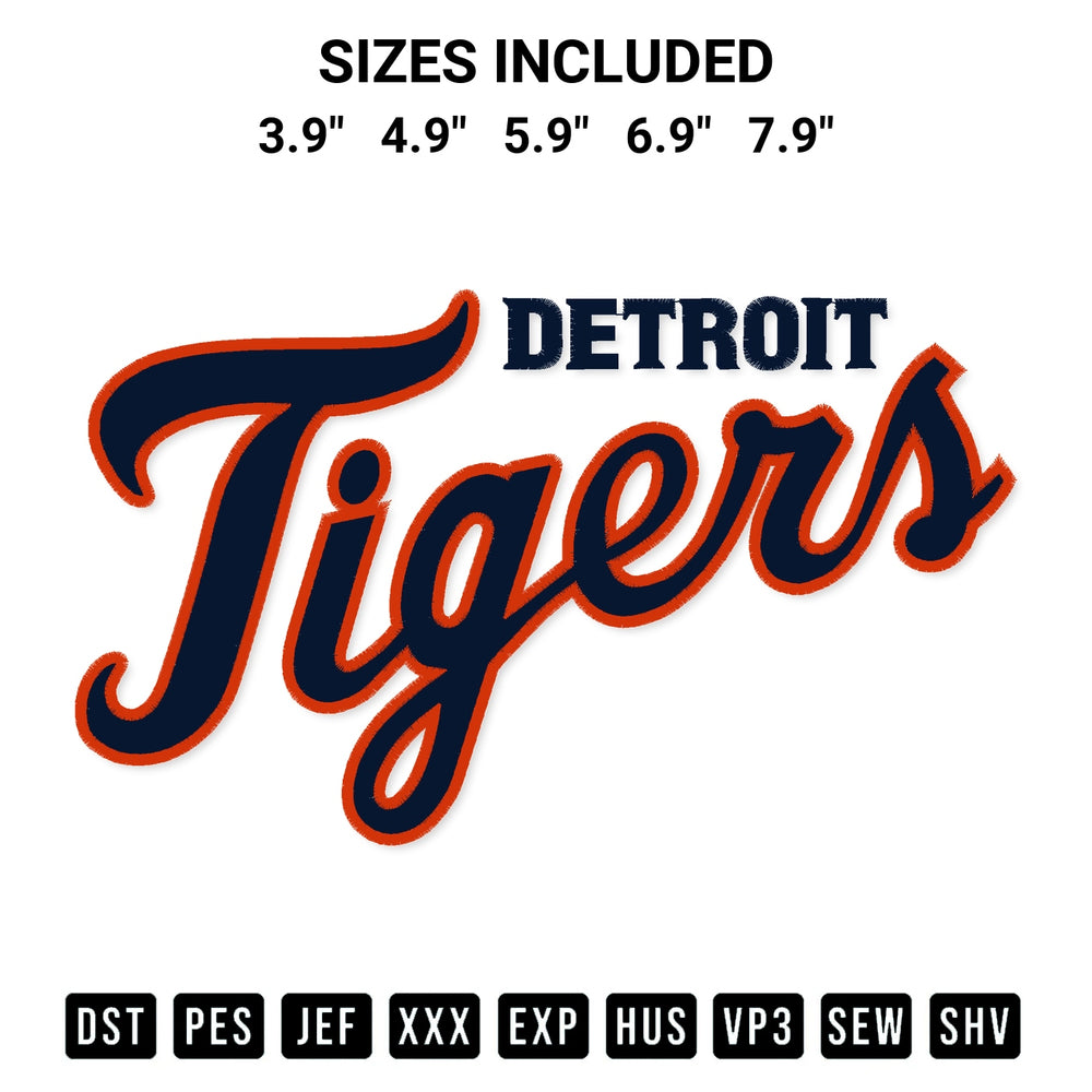 Create amazing crafts with the Detroit Tigers Wordmark Embroidery Design embroidery file. High-quality digital download from Designspacks.com, perfect for beginners and pros. Available sizes: 3.9", 4.9", 5.9", 6.9", 7.9".
