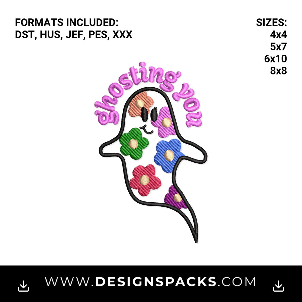 Ghosting You Retro Floral Ghost Embroidery Design - Instant digital download pattern at Designspacks.com