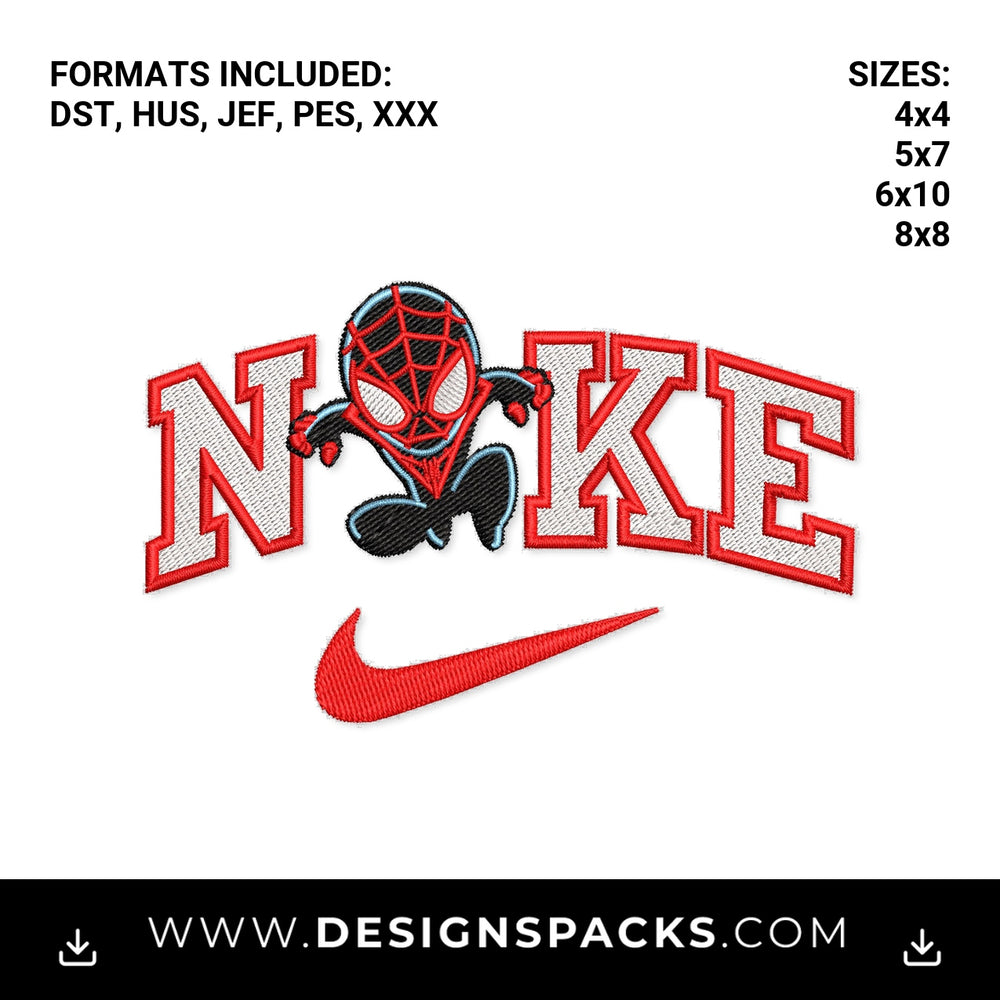 Miles Morales Spider-Man Nike Swoosh Embroidery Design - Instant digital download pattern at Designspacks.com