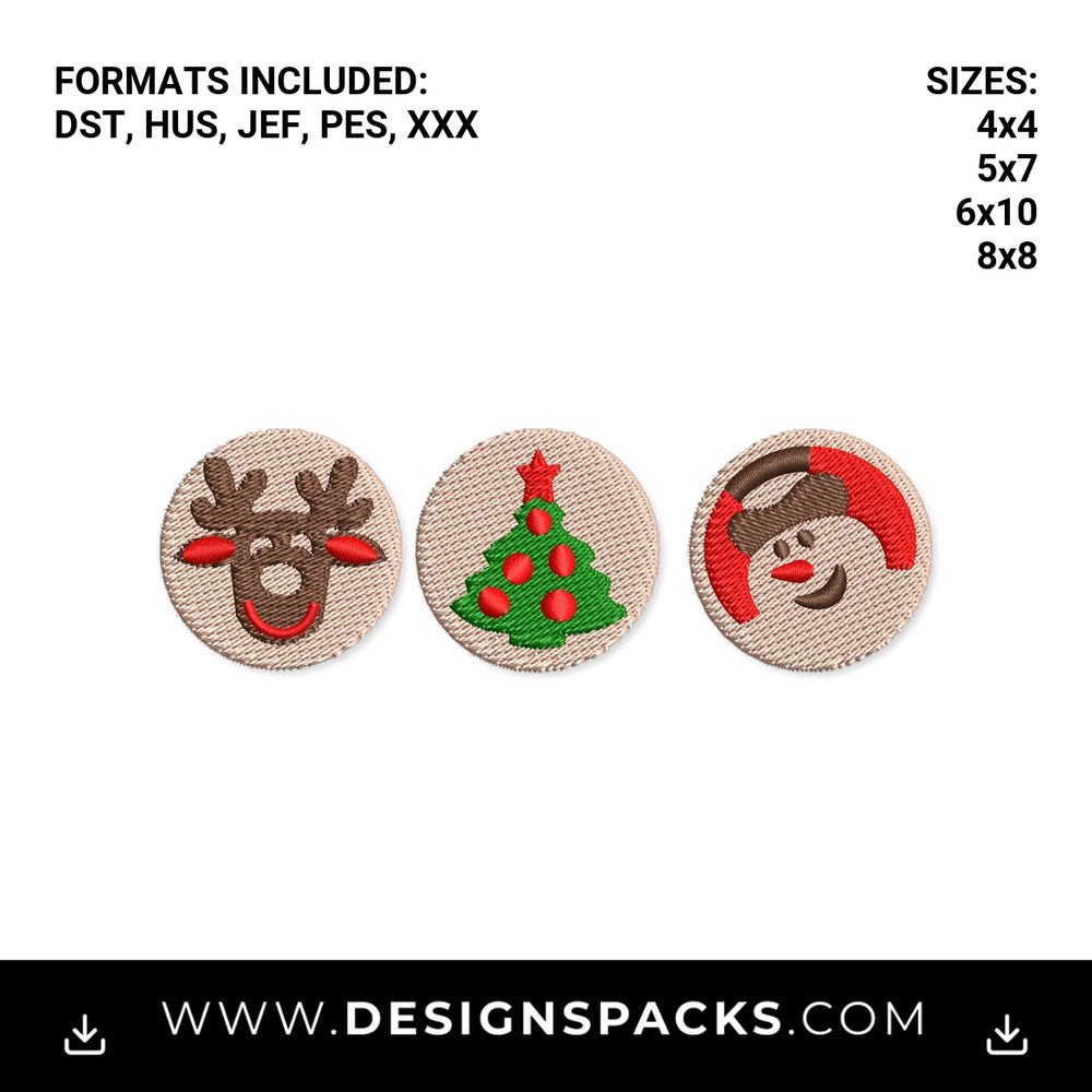 Mini Round Christmas Patches Set Embroidery Design - Instant digital download pattern at Designspacks.com