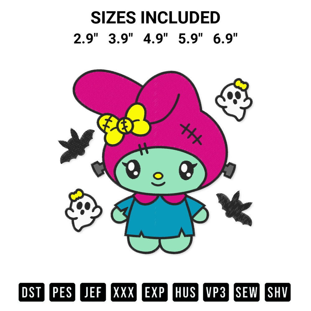 Discover the perfect addition to your crafting collection: Frankenstein My Melody Embroidery Design embroidery file. Instantly available at Designspacks.com. Available sizes: 2.9", 3.9", 4.9", 5.9", 6.9".