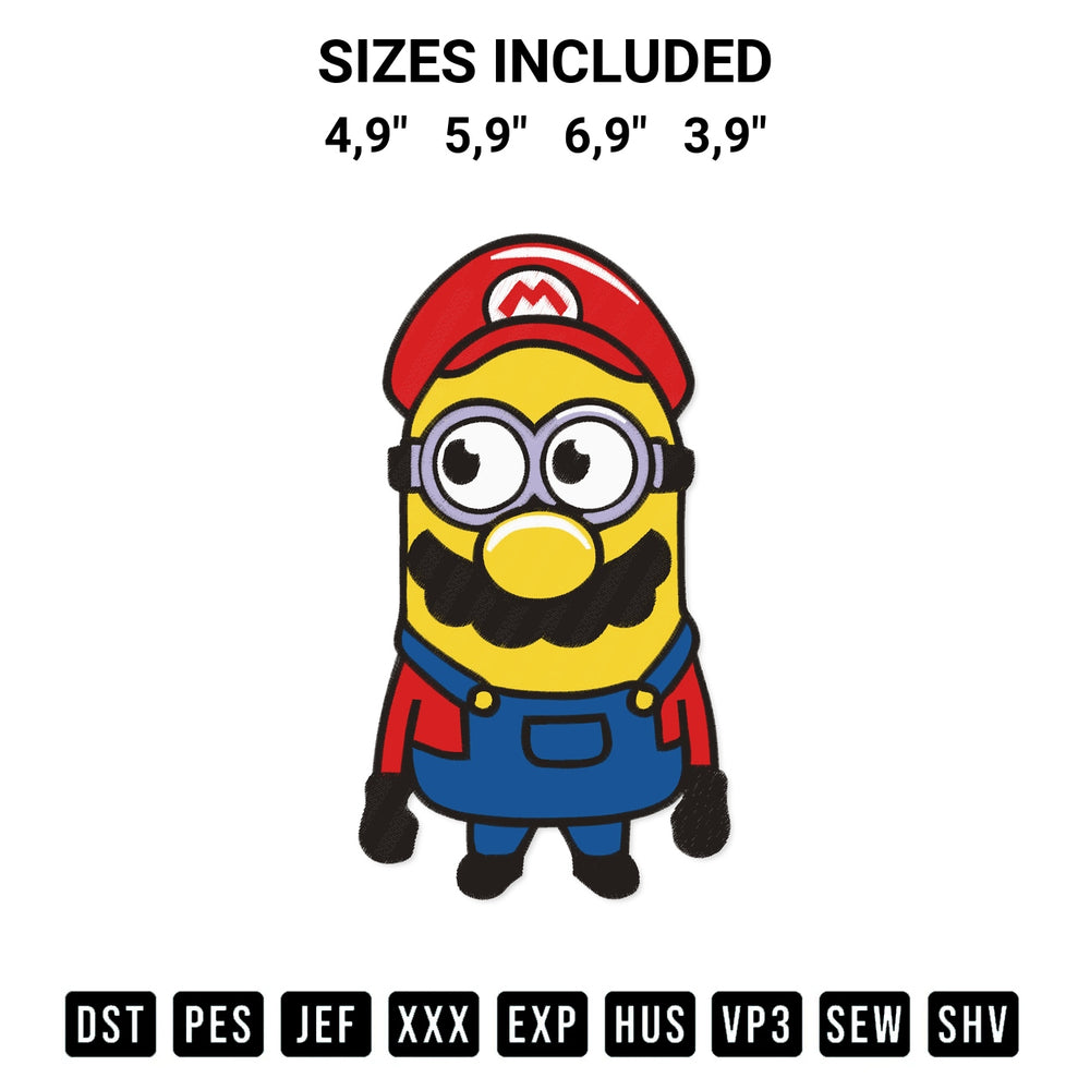 Shop the Super Mario Minion Minions Costume Super Mario Bros Logo Embroidery Design machine embroidery pattern at Designspacks.com. Beautifully digitized for flawless stitching on any fabric. Available sizes: 4,9", 5,9", 6,9", 3,9".