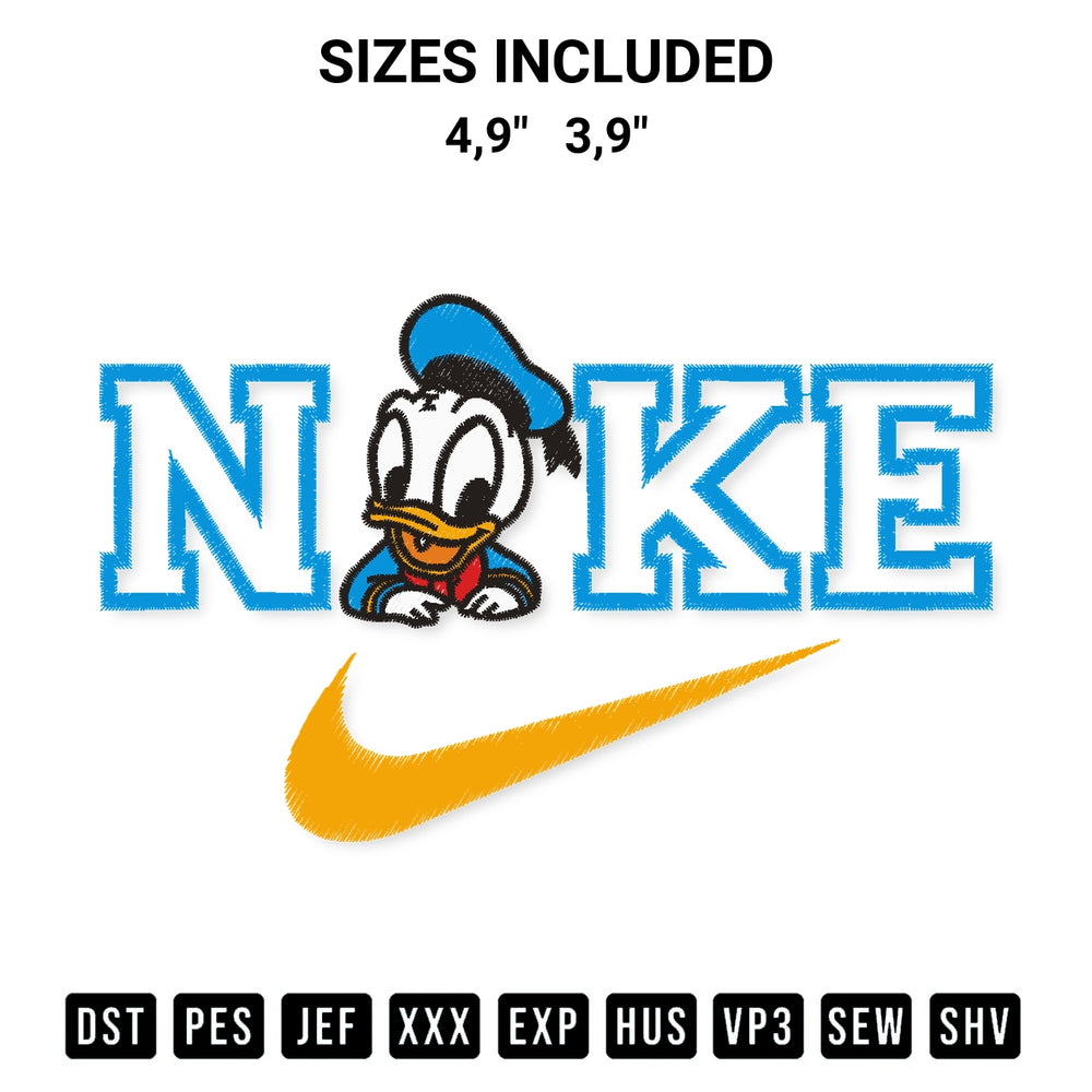 Shop the Nike Donald Duck Embroidery Design machine embroidery pattern at Designspacks.com. Beautifully digitized for flawless stitching on any fabric. Available sizes: 4,9", 3,9".