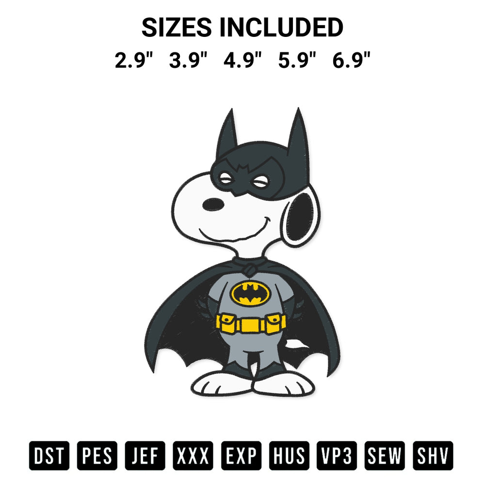 Shop the Snoopy As Batman Embroidery Design machine embroidery pattern at Designspacks.com. Beautifully digitized for flawless stitching on any fabric. Available sizes: 2.9", 3.9", 4.9", 5.9", 6.9".