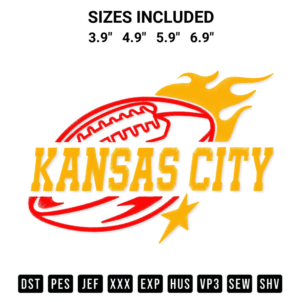 Download the Kansas City Football Embroidery Design machine embroidery design exclusively at Designspacks.com. Premium digitized pattern for apparel and DIY crafts. Available sizes: 3.9", 4.9", 5.9", 6.9".