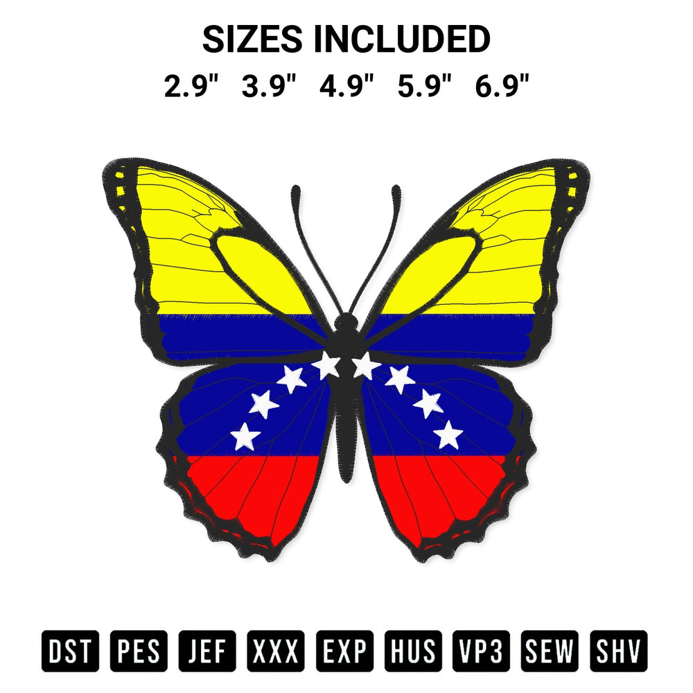 Create amazing crafts with the Butterfly Venezuelan Flag Embroidery Design embroidery file. High-quality digital download from Designspacks.com, perfect for beginners and pros. Available sizes: 2.9", 3.9", 4.9", 5.9", 6.9".