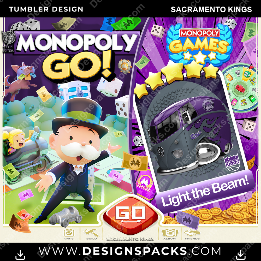 Basketball Monopoly Go! Sacramento Kings NBA Basketball Tumbler Digital Wrap Design Download