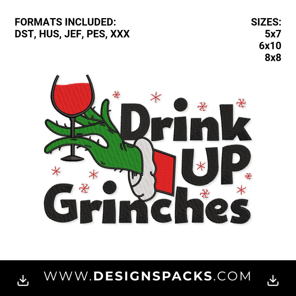 Drink Up Grinches Christmas Wine Glass Embroidery Design - Instant digital download pattern at Designspacks.com