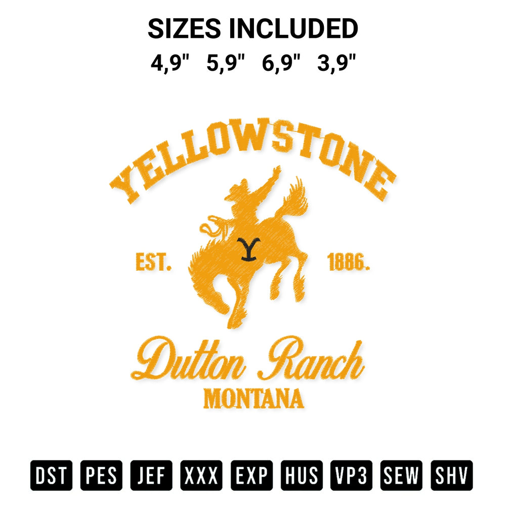 Download the Yellowstone Est. 1886 Dutton Ranch Montana Yellowstone Tv Series Logo Embroidery Design machine embroidery design exclusively at Designspacks.com. Premium digitized pattern for apparel and DIY crafts. Available sizes: 4,9", 5,9", 6,9", 3,9".