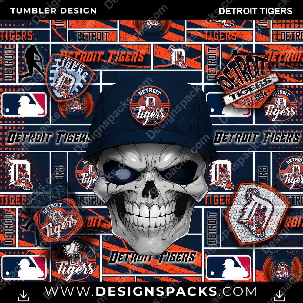 Baseball Skull Detroit Tigers Tumbler Digital Wrap Design