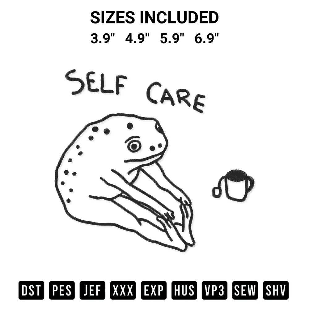 Elevate your next project with our Self Care Frog Embroidery Design embroidery file. Shop high-quality digital patterns instantly at Designspacks.com. Available sizes: 3.9", 4.9", 5.9", 6.9".