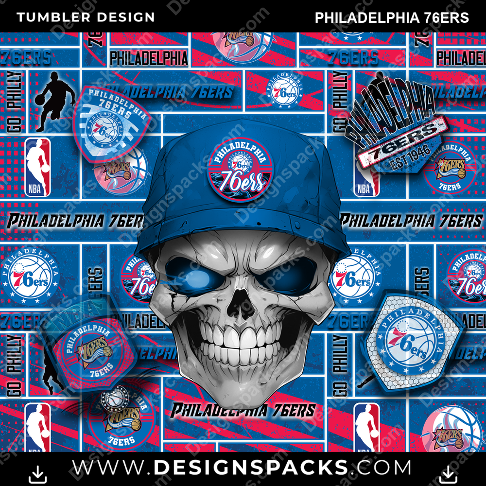 Basketball Skull Philadelphia 76ers Tumbler Digital Wrap Design