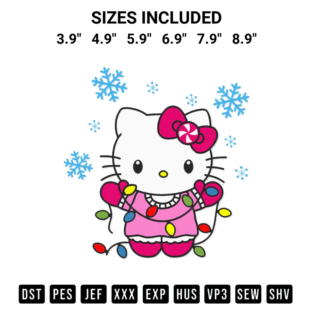 Discover the perfect addition to your crafting collection: Hello Kitty With Lights Christmas Embroidery Design embroidery file. Instantly available at Designspacks.com. Available sizes: 3.9", 4.9", 5.9", 6.9", 7.9", 8.9".