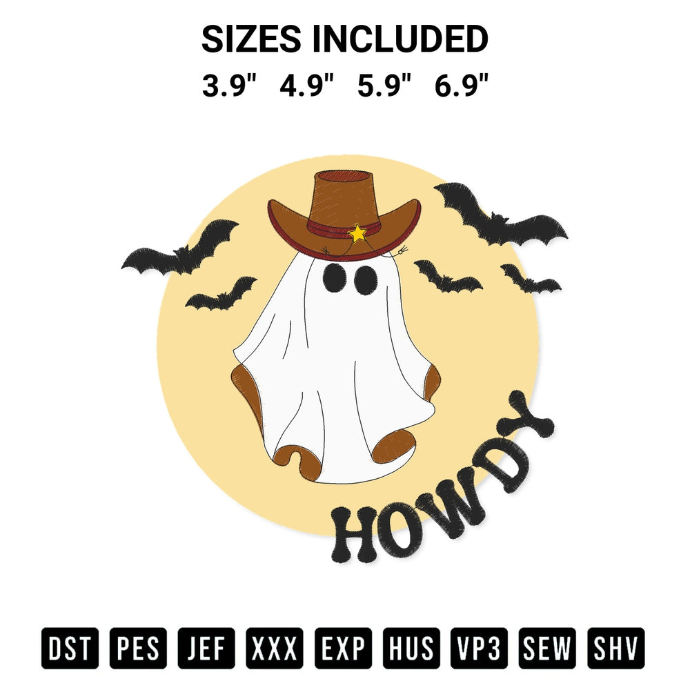 Add a unique touch to your apparel with the Cowboy Ghost Howdy Embroidery Design embroidery file. Premium instant download available now on Designspacks.com. Available sizes: 3.9", 4.9", 5.9", 6.9".
