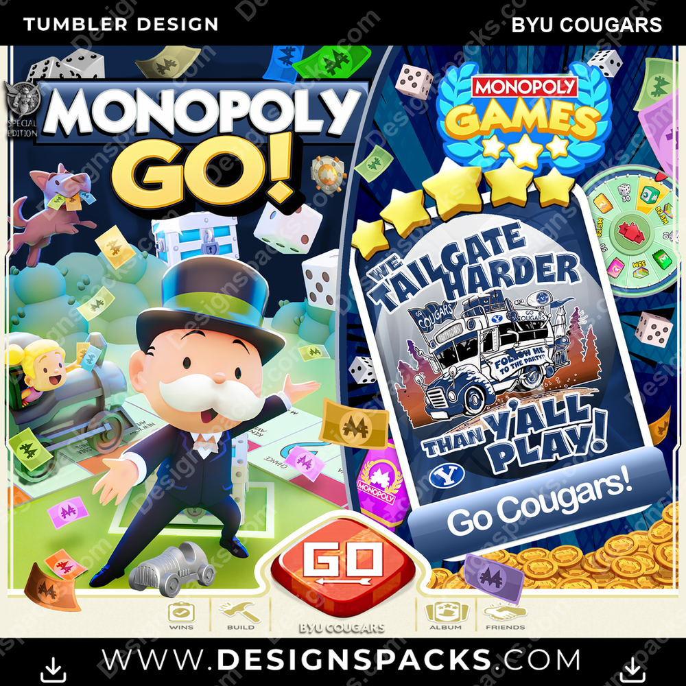 College Sport Monopoly Go! BYU Cougars Tumbler Digital Wrap Design