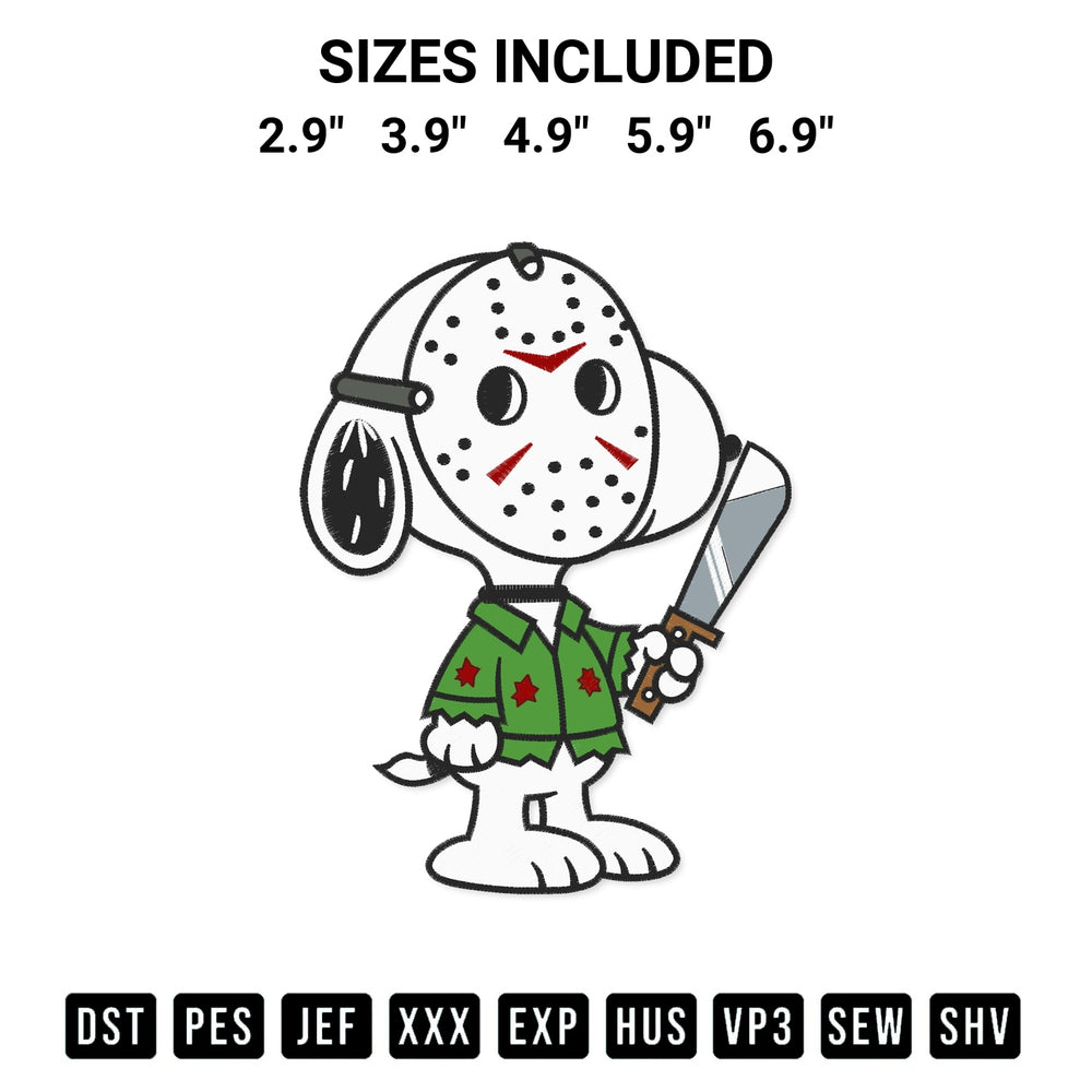Create amazing crafts with the Snoopy As Jason Voorhees Embroidery Design embroidery file. High-quality digital download from Designspacks.com, perfect for beginners and pros. Available sizes: 2.9", 3.9", 4.9", 5.9", 6.9".