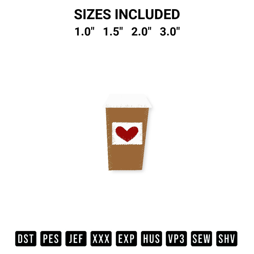 Add a unique touch to your apparel with the Coffee Cup Heart Embroidery Design embroidery file. Premium instant download available now on Designspacks.com. Available sizes: 1.0", 1.5", 2.0", 3.0".