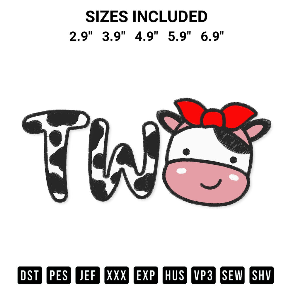 Get the Girl Cow Two Birthday Embroidery Design embroidery design for your custom crafts! Premium digitized files available for instant download at Designspacks.com. Available sizes: 2.9", 3.9", 4.9", 5.9", 6.9".