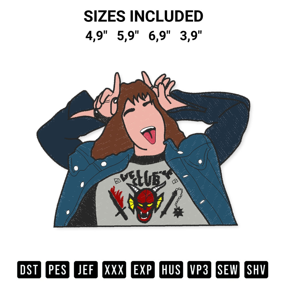 Transform your fabrics with the Vintage Eddie Munson Stranger Things Funny Logo Embroidery Design embroidery design. Instant access to premium digitized patterns at Designspacks.com. Available sizes: 4,9", 5,9", 6,9", 3,9".