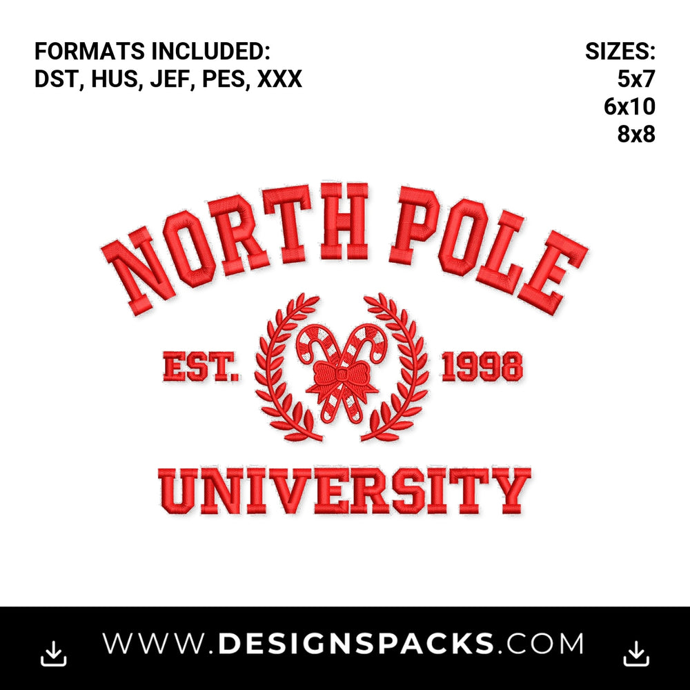 North Pole University Christmas Varsity Embroidery Design - Instant digital download pattern at Designspacks.com