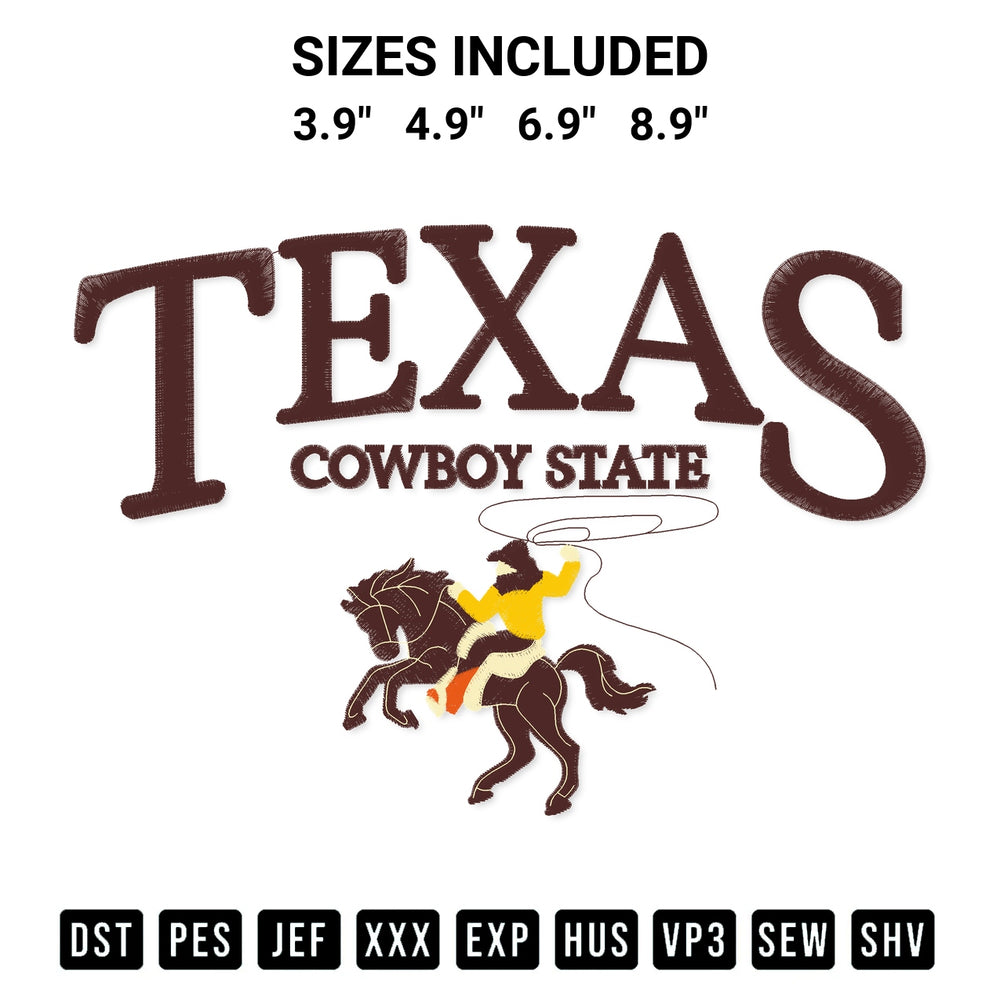 Get the Texas Cowboy State Embroidery Design embroidery design for your custom crafts! Premium digitized files available for instant download at Designspacks.com. Available sizes: 3.9", 4.9", 6.9", 8.9".