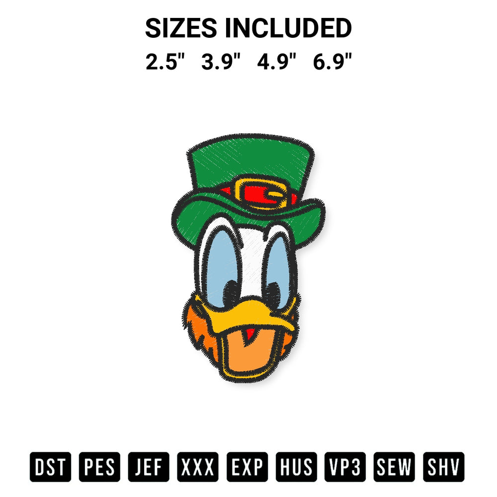 Looking for the perfect pattern? Download the Donald Duck Face St Patricks Day Embroidery Design embroidery design today at Designspacks.com. Crisp, clean stitching guaranteed. Available sizes: 2.5", 3.9", 4.9", 6.9".