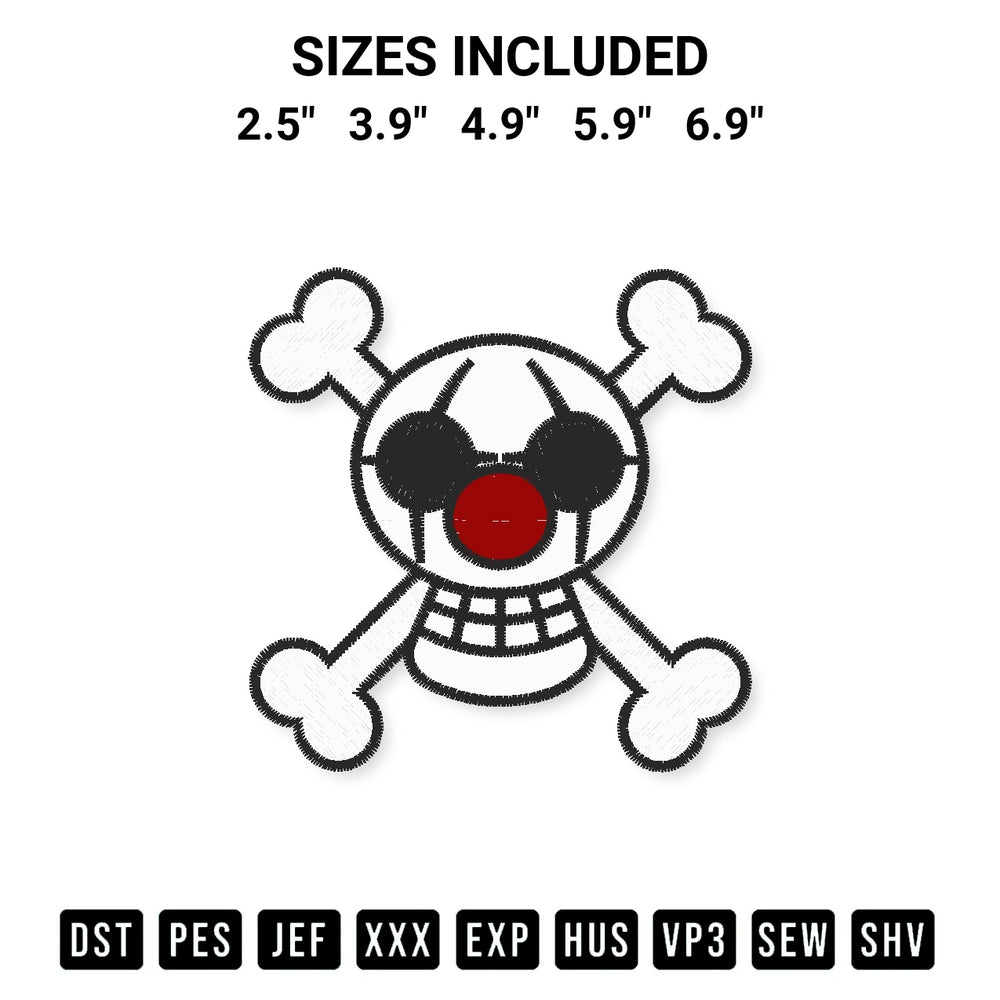 Stitch like a pro with the Buggy Jolly Roger Embroidery Design embroidery pattern from Designspacks.com. High-quality digital machine embroidery file. Available sizes: 2.5", 3.9", 4.9", 5.9", 6.9".