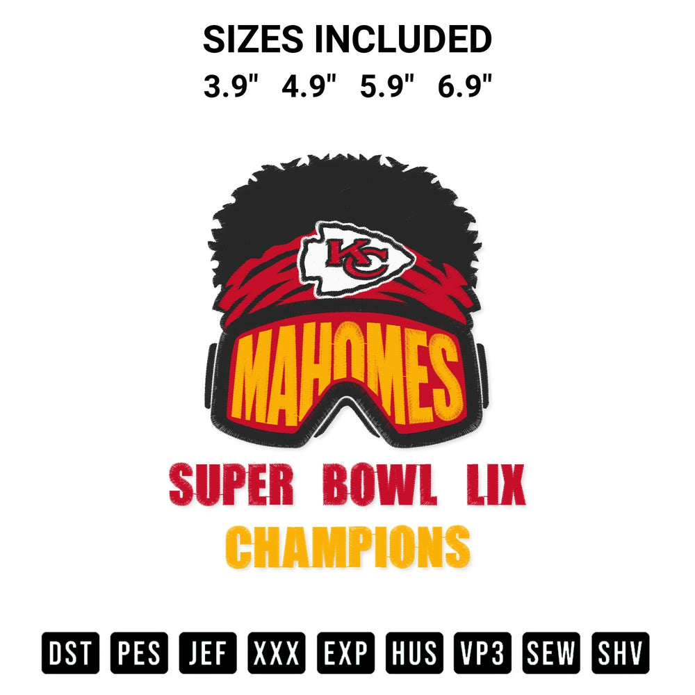 Download the Mahomes Super Bowl Lix Champions Embroidery Design machine embroidery design exclusively at Designspacks.com. Premium digitized pattern for apparel and DIY crafts. Available sizes: 3.9", 4.9", 5.9", 6.9".