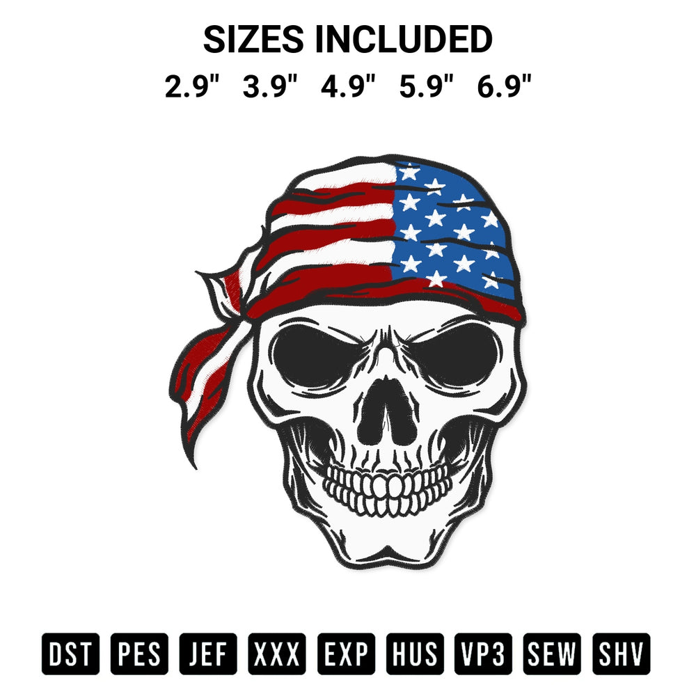 Download the Patriotic Skull Embroidery Design machine embroidery design exclusively at Designspacks.com. Premium digitized pattern for apparel and DIY crafts. Available sizes: 2.9", 3.9", 4.9", 5.9", 6.9".