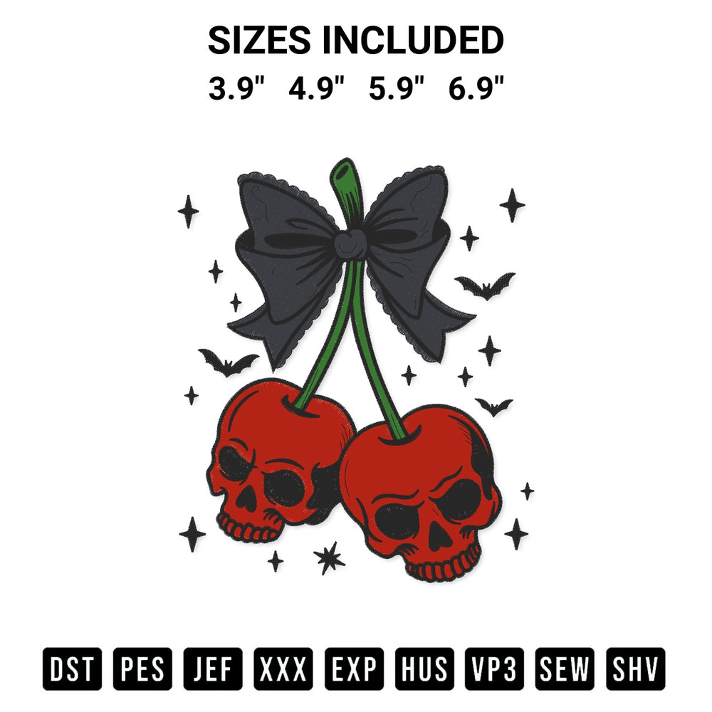 Create amazing crafts with the Spooky Cherry Skull Bow Embroidery Design embroidery file. High-quality digital download from Designspacks.com, perfect for beginners and pros. Available sizes: 3.9", 4.9", 5.9", 6.9".
