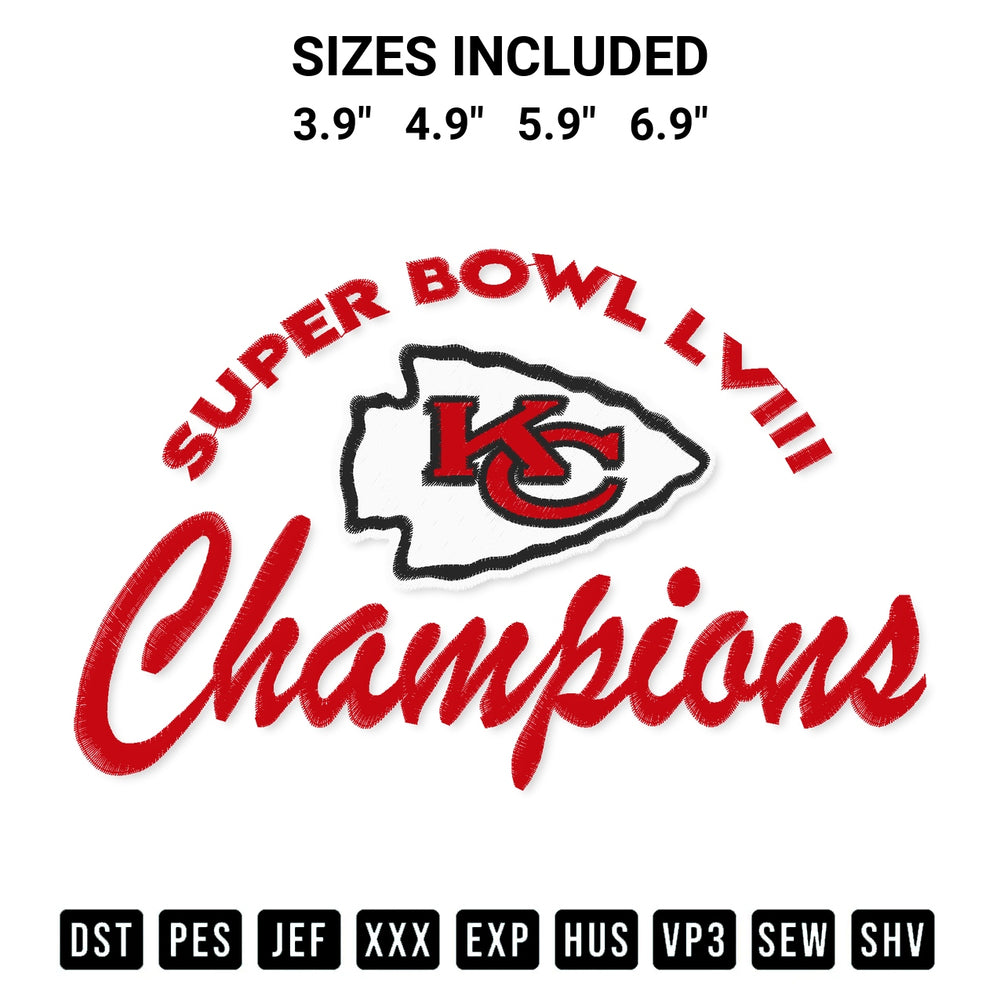 Add a unique touch to your apparel with the Chiefs Super Bowl Lviii Champions Embroidery Design embroidery file. Premium instant download available now on Designspacks.com. Available sizes: 3.9", 4.9", 5.9", 6.9".