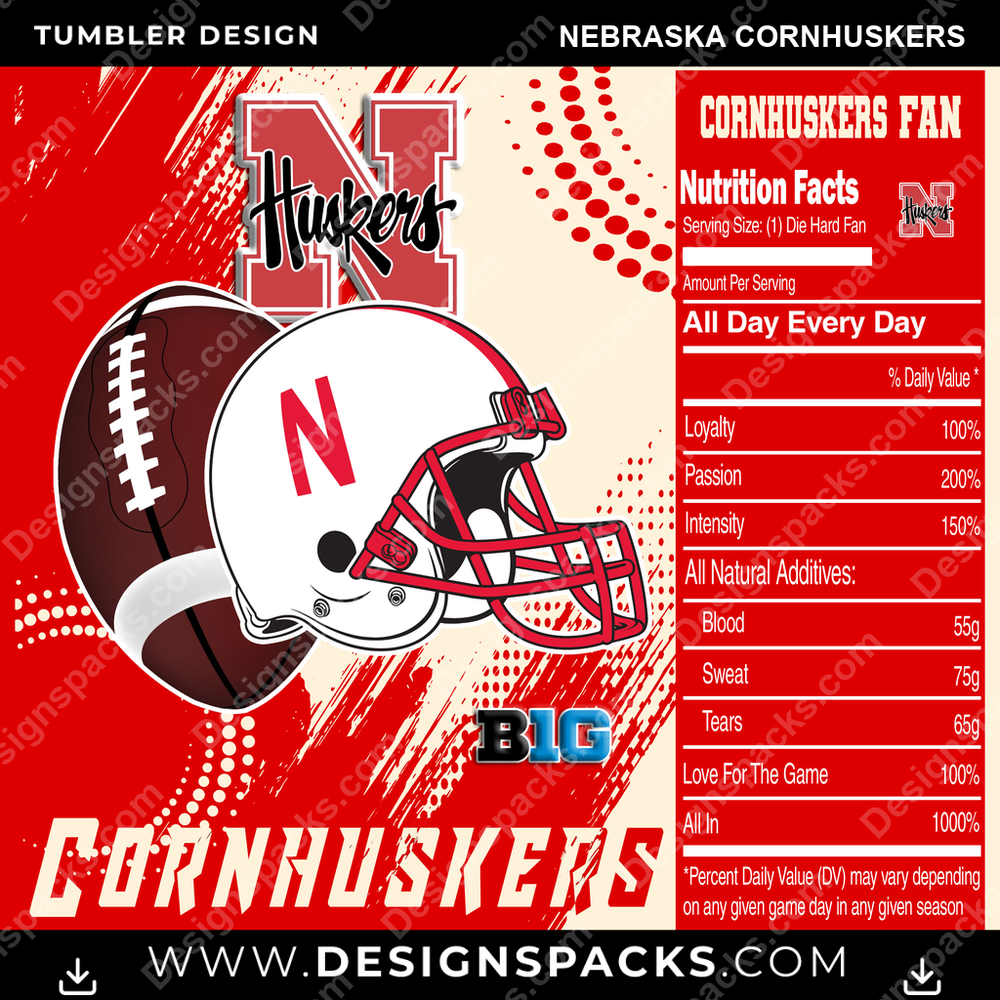 College Sport Team Fan CFB Nebraska Cornhuskers NCAA College Sport Tumbler Digital Wrap Design Download