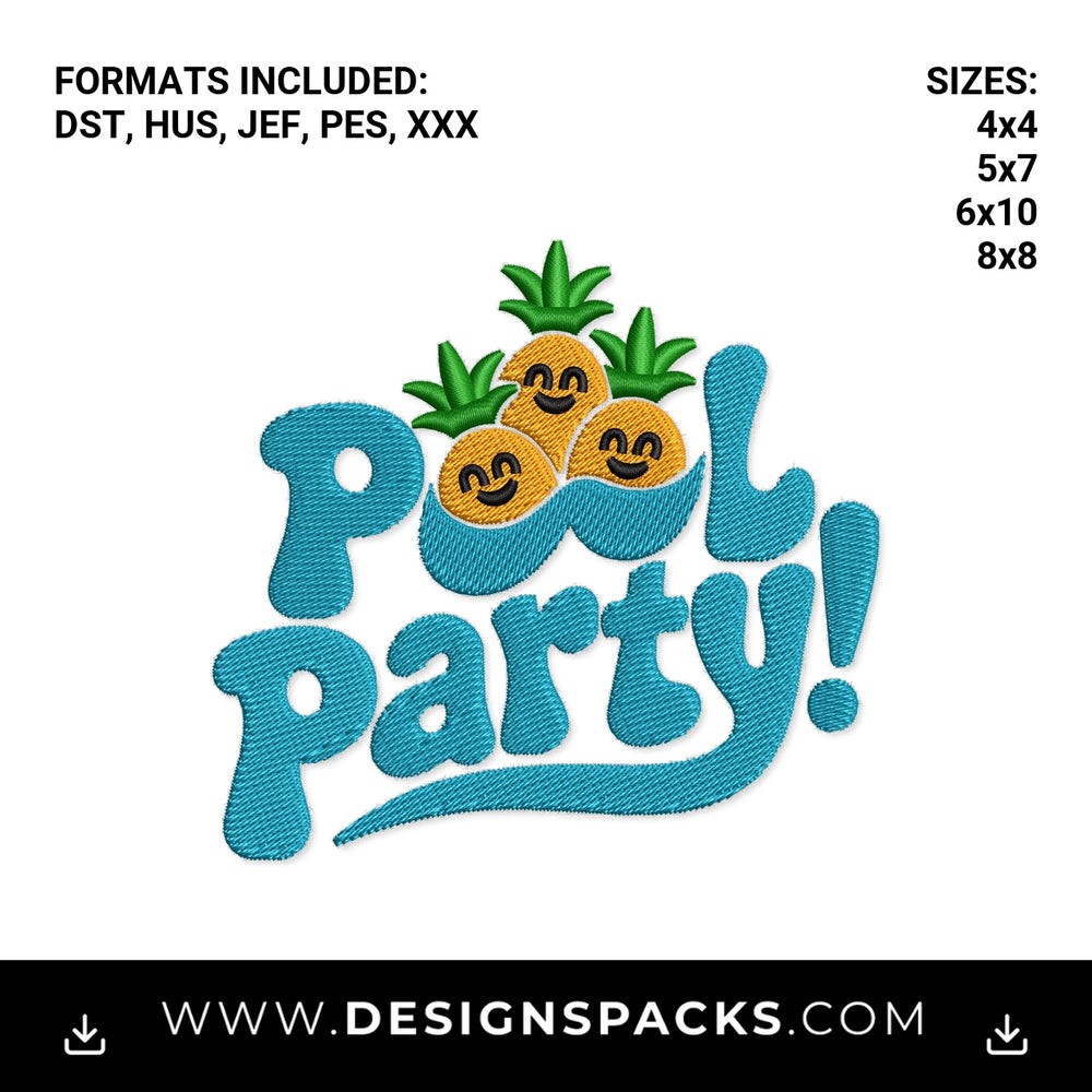 Cute Pineapple Pool Party Embroidery Design - Instant digital download pattern at Designspacks.com
