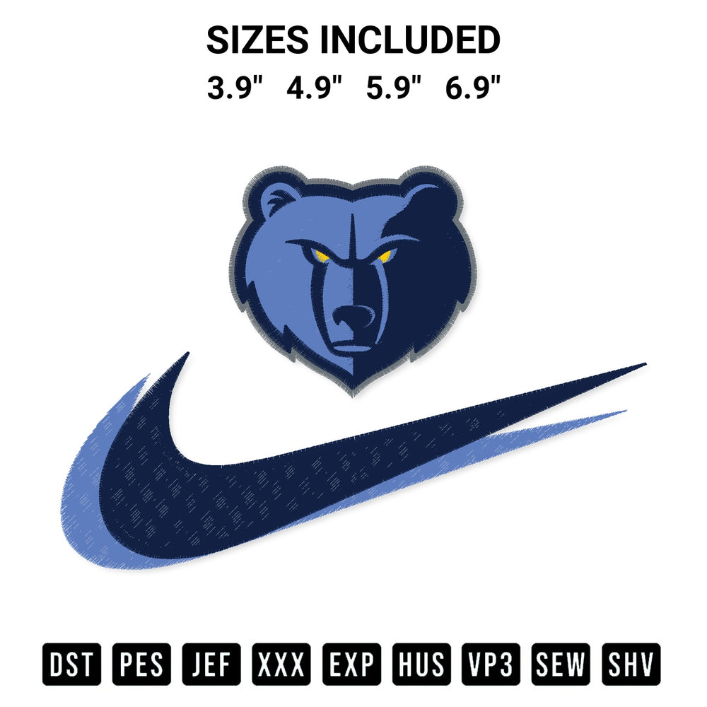 Transform your fabrics with the Memphis Grizzlies Swoosh Embroidery Design embroidery design. Instant access to premium digitized patterns at Designspacks.com. Available sizes: 3.9", 4.9", 5.9", 6.9".
