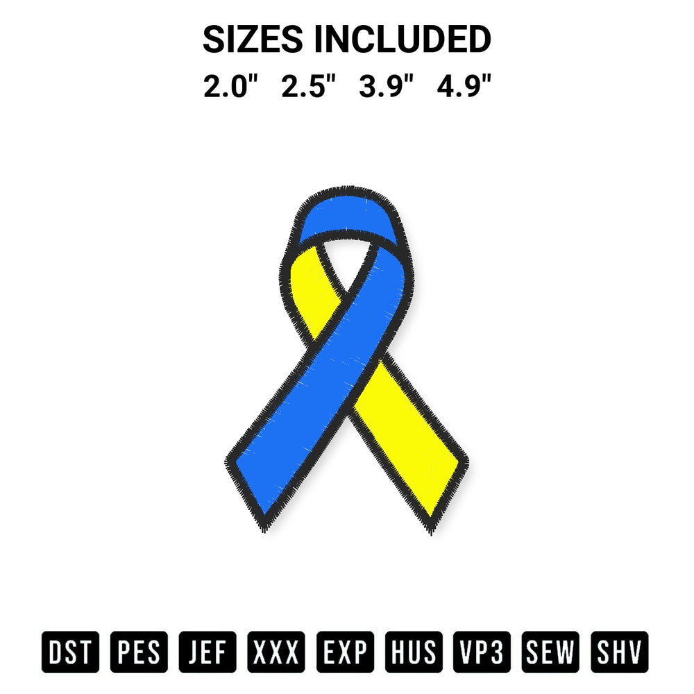 Transform your fabrics with the Down Syndrome Awareness Ribbon Embroidery Design embroidery design. Instant access to premium digitized patterns at Designspacks.com. Available sizes: 2.0", 2.5", 3.9", 4.9".