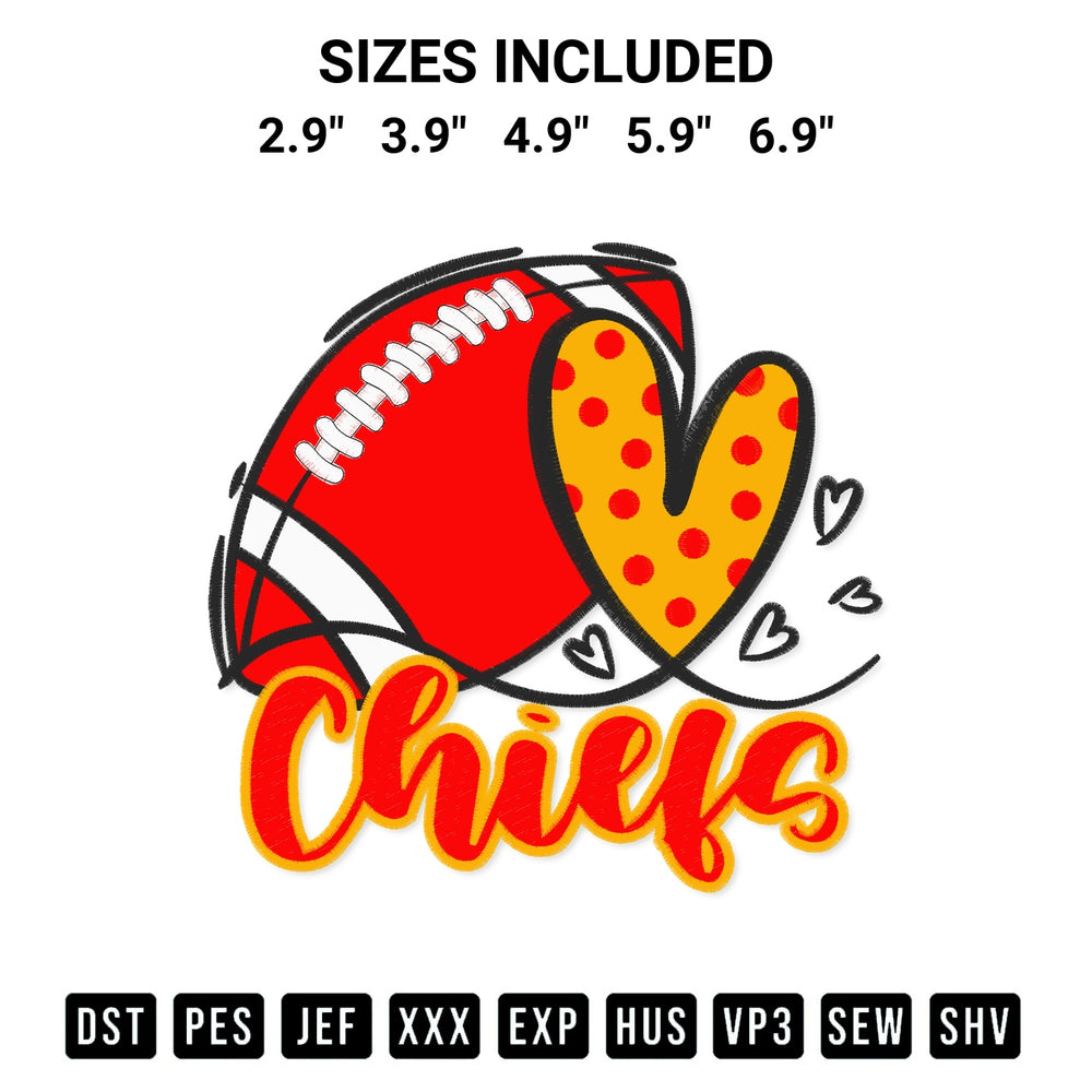 Add a unique touch to your apparel with the Chiefs Heart Football Embroidery Design embroidery file. Premium instant download available now on Designspacks.com. Available sizes: 2.9", 3.9", 4.9", 5.9", 6.9".