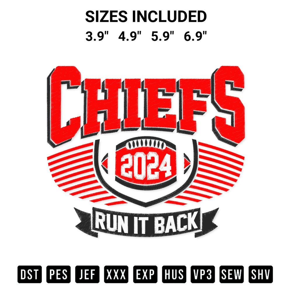 Looking for the perfect pattern? Download the Chiefs Run It Back Football 2024 Embroidery Design embroidery design today at Designspacks.com. Crisp, clean stitching guaranteed. Available sizes: 3.9", 4.9", 5.9", 6.9".