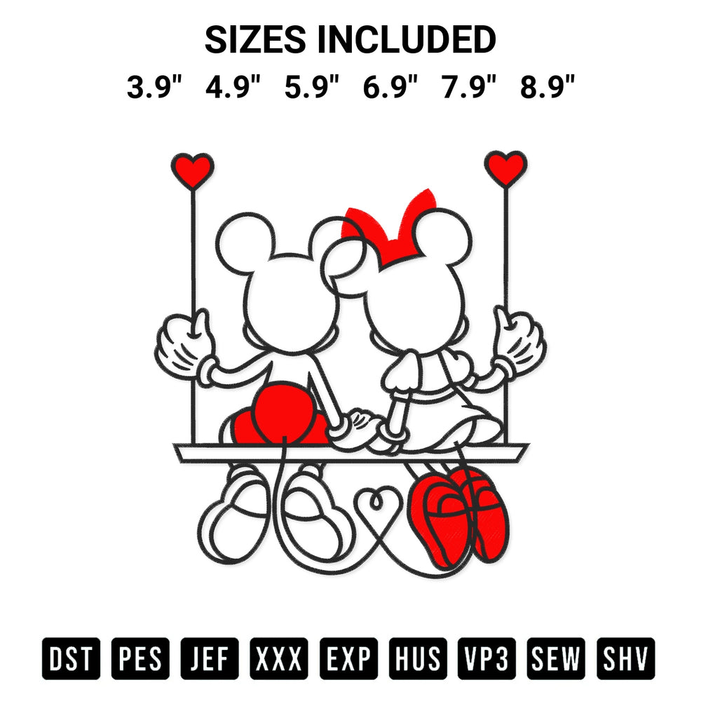 Get the Mickey And Minnie Sitting On A Swing Embroidery Design embroidery design for your custom crafts! Premium digitized files available for instant download at Designspacks.com. Available sizes: 3.9", 4.9", 5.9", 6.9", 7.9", 8.9".