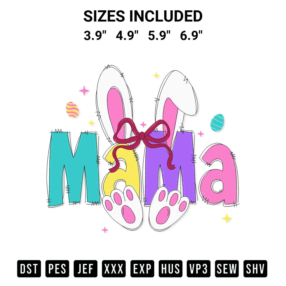 Discover the perfect addition to your crafting collection: Mama Bunny Easter Embroidery Design embroidery file. Instantly available at Designspacks.com. Available sizes: 3.9", 4.9", 5.9", 6.9".