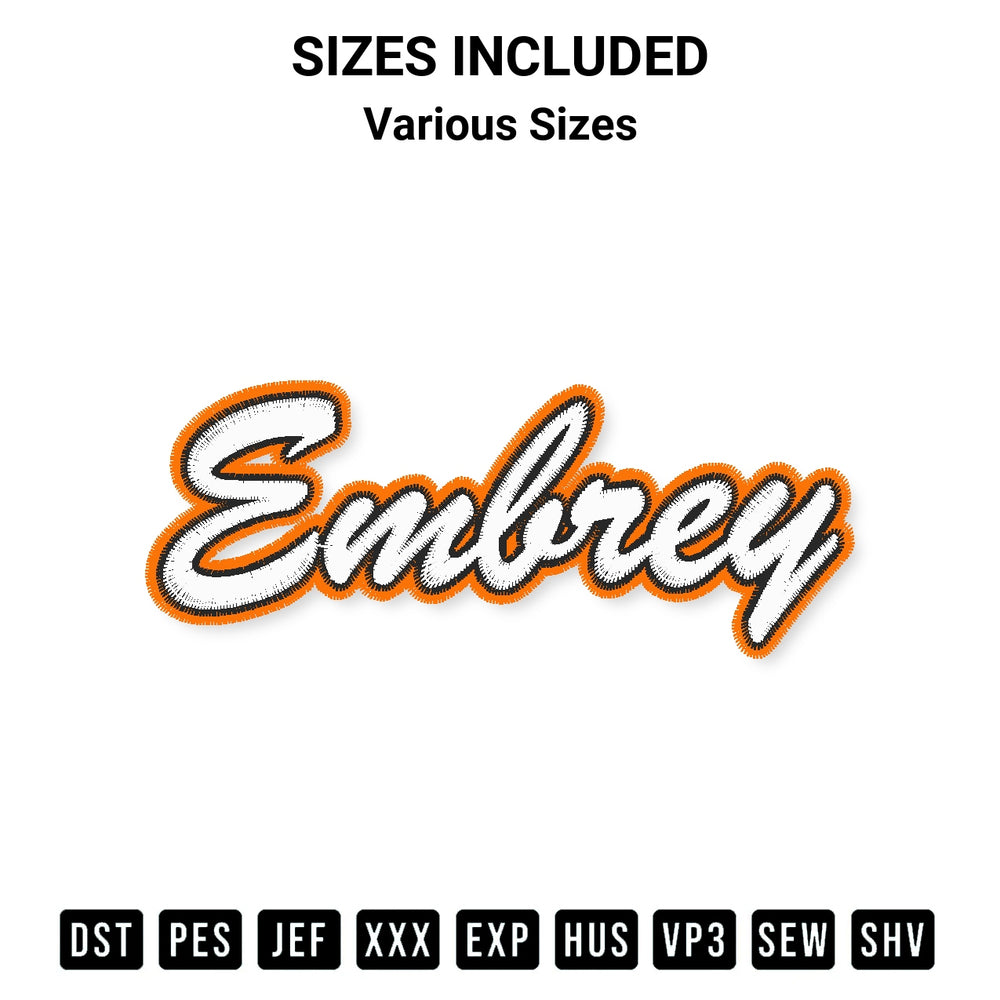Add a unique touch to your apparel with the Embrey Embroidery Design embroidery file. Premium instant download available now on Designspacks.com. Available sizes: Various Sizes.