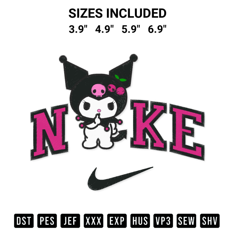 Add a unique touch to your apparel with the Nike Sanrio Kuromi Embroidery Design embroidery file. Premium instant download available now on Designspacks.com. Available sizes: 3.9", 4.9", 5.9", 6.9".