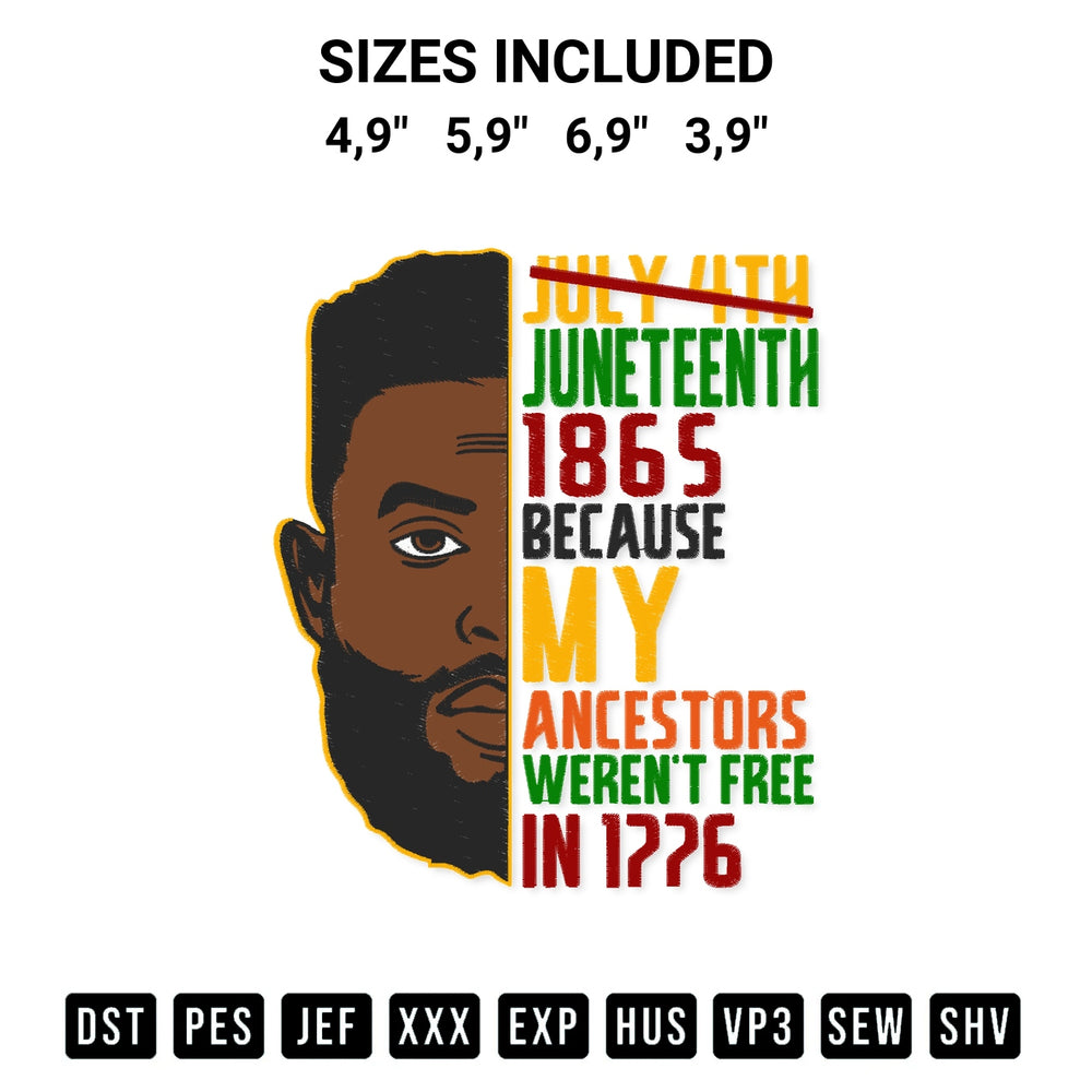 Elevate your next project with our African American Man Juneteenth 1865 Because My Ancestors Werent Free In 1776 Logo Embroidery Design embroidery file. Shop high-quality digital patterns instantly at Designspacks.com. Available sizes: 4,9", 5,9", 6,9", 3,9".