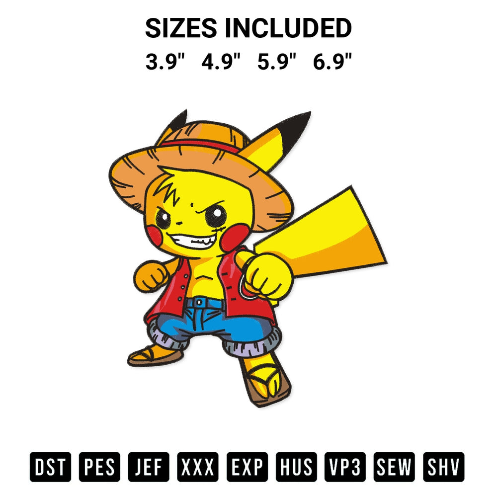 Stitch like a pro with the Pikachu Use Costume Monkey D. Luffy Embroidery Design embroidery pattern from Designspacks.com. High-quality digital machine embroidery file. Available sizes: 3.9", 4.9", 5.9", 6.9".