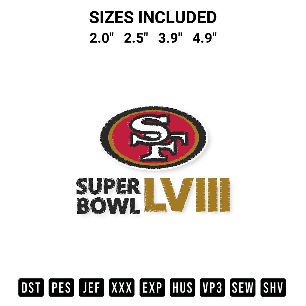 Create amazing crafts with the San Francisco 49Ers Super Bowl Lviii Embroidery Design embroidery file. High-quality digital download from Designspacks.com, perfect for beginners and pros. Available sizes: 2.0", 2.5", 3.9", 4.9".