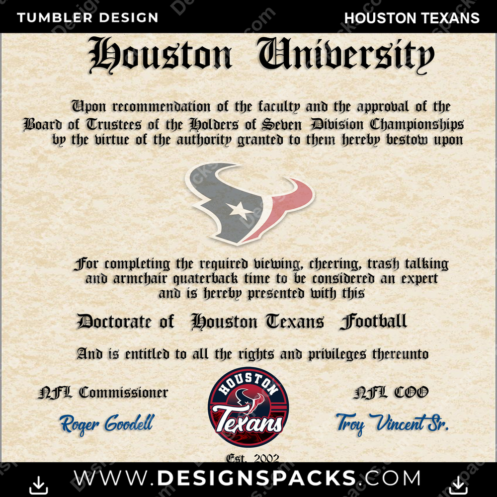 Football Diploma Houston Texans Tumbler Digital Wrap Design