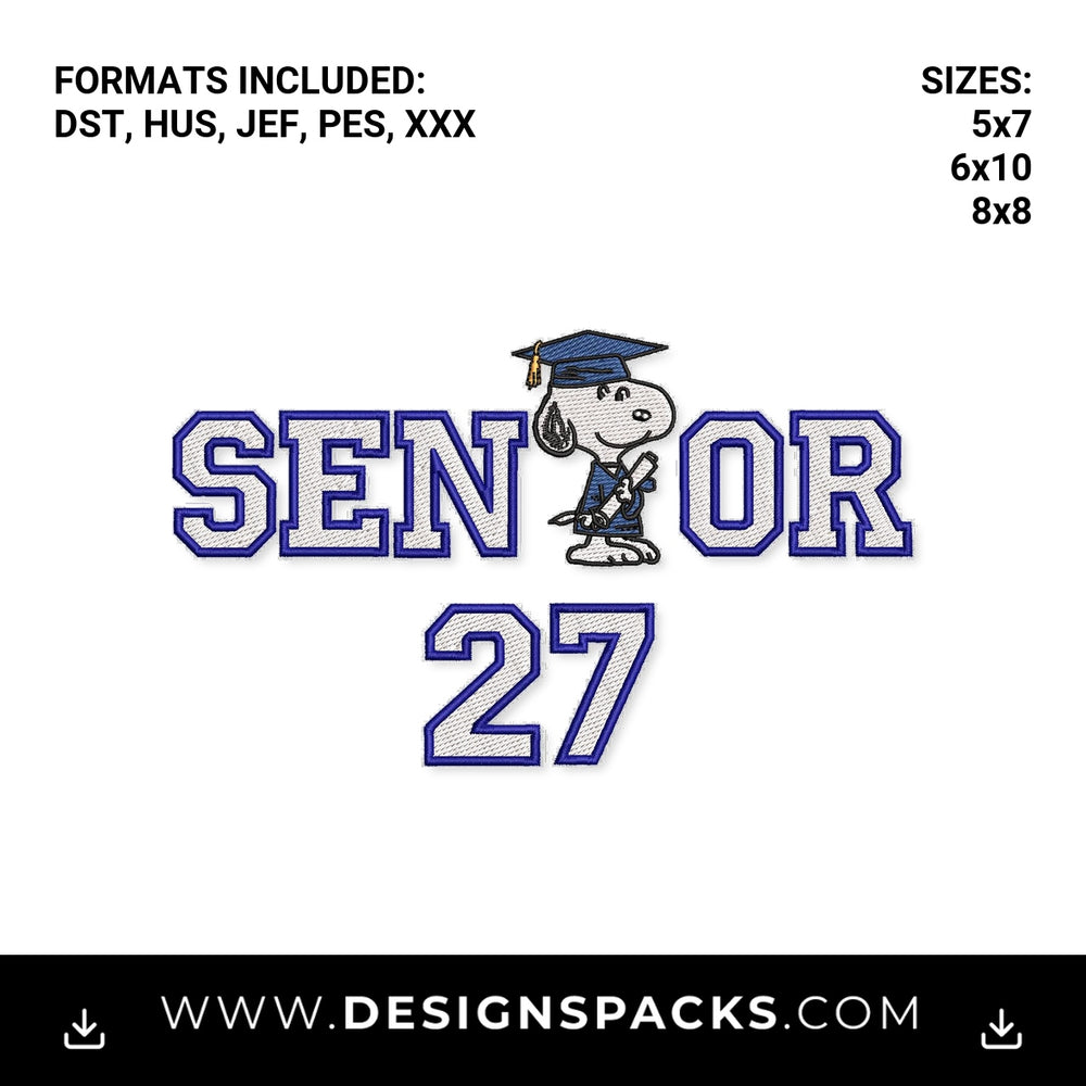 Snoopy Senior 27 Graduation Embroidery Design - Instant digital download pattern at Designspacks.com