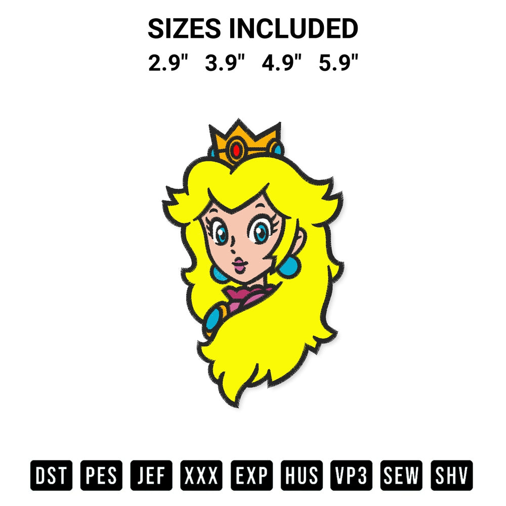 Add a unique touch to your apparel with the Princess Peach Face Embroidery Design embroidery file. Premium instant download available now on Designspacks.com. Available sizes: 2.9", 3.9", 4.9", 5.9".