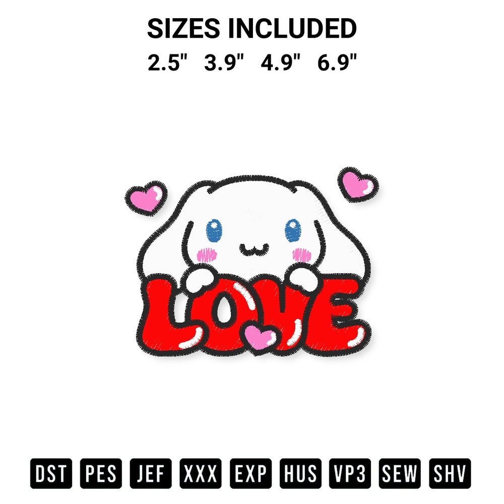 Shop the Love Cinnamoroll Valentine Embroidery Design machine embroidery pattern at Designspacks.com. Beautifully digitized for flawless stitching on any fabric. Available sizes: 2.5", 3.9", 4.9", 6.9".